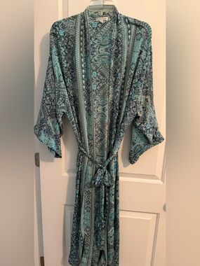 Light Teal Printed Kimono Robe with Self Tie -All Size